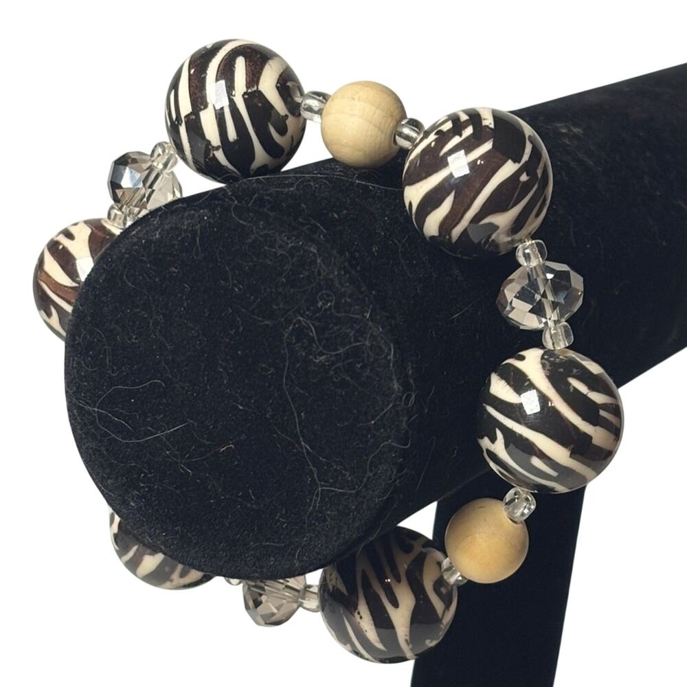 Black White Zebra Bead Stretch Bracelet Wood Acrylic Statement Jewelry